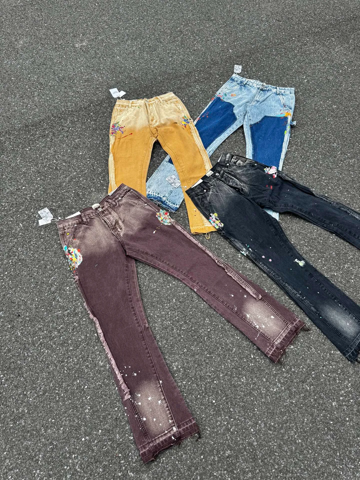 P250 (G95 black) (G90 burgundy) (G94 blue) (G91 khaki) GALLERY DEPT. Spliced ​​patchwork splash-ink denim flared pants washed and distressed spliced ​​jeans logging micro-flared jeans men and women same style Code number: 28 30 32 34 36